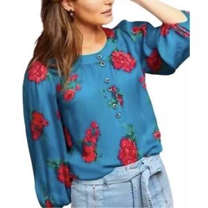 Maeve Anthropologie Teal Red Floral Button Front Blouse Size L